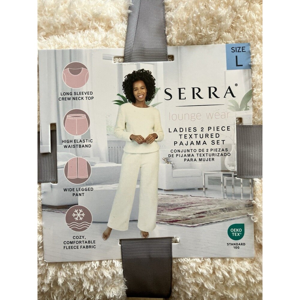 New Serra White Ivory Cream Set L Long Sleeve Top Wide Leg Pant Fuzzy Cozy PJ